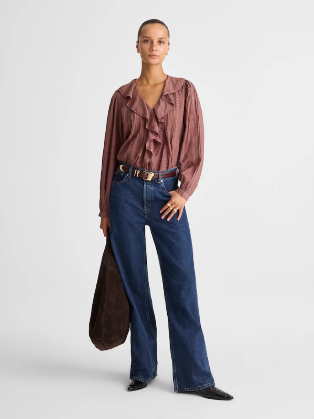 Madewell Ruffled Pintucked Long Sleeve Blouse Burnt Soil XL